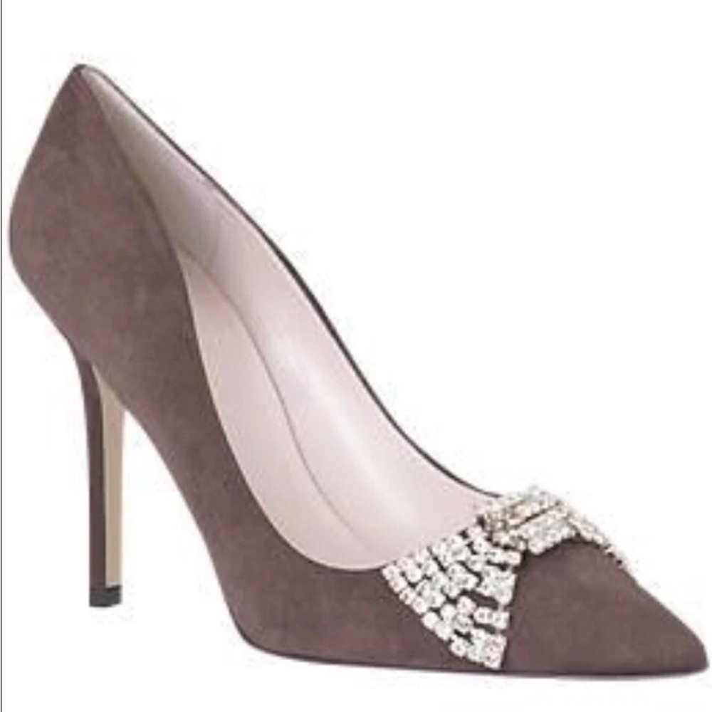 kate spade Lissie gray suede pointed-toe pumps with crystal bow